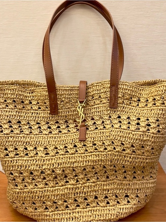 Saint Laurent . . Handbags - Saint Laurent Woven Straw Tote in Natural and Brown with Gold Hardware